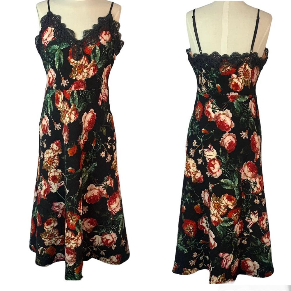Anthropologie Foxiedox Autumnal Black Floral Midi Dress Medium